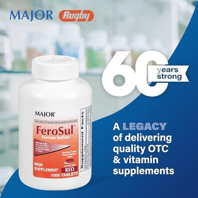 Major Ferosul - Ferrous Sulfate 325Mg Tablets With 65Mg Of Elemental Iron - Iron Supplement For Women, Men - Red - 100 Tablets - Pack Of 1
