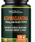 Smnutrition Ashwagandha Supplement 1300Mg For Stress Resistance & Energy Boost High Absorption Adaptogen From Root Powder With Black Pepper Stressrelated Fatigue Support Nongmo 120Ct 2Month Supply