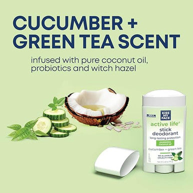 Kiss My Face Active Life Deodorant Contains Naturally Derived Ingredients 72 Hour Odor Control For Women And Men Aluminum With Coconut Oil And Probiotics Cucumber And Green Tea Scent 3 Pack