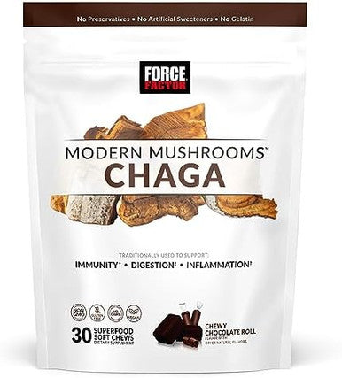 Force Factor Modern Mushrooms Soft Chews Chaga Mushrooms Supplement To Support Immunity Digestion & Gut Health Antioxidants Supplement Delicious Chewy Chocolate Roll Flavor 30 Soft Chews