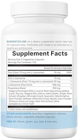 Zinc Carnosine 75Mg 240 Veggie Capsules 10In1 Zinc Supplements For Men and Women With Glutamine Dgl Licorice Quercetin Slippery Elm Bark and Ginger Root NonGmo Gluten