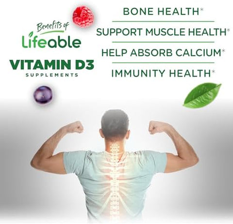 Lifeable Vitamin D3 10000IU Great Tasting Bone Strength Supplements Vitamin D3 Gummies for Bone Health Vitamin D Gummies for Adults Men Women 90 Gummies