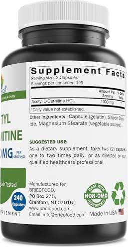 Brieofood Acetyl L-Carnitine 1000 Mg Per Serving- 240 Capsules. Gluten-, Non-Gmo.
