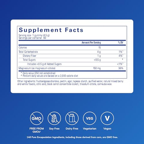 Pure Encapsulations Magnesium Gummy - Magnesium Citrate - Supports Heart Health & Relaxation - For Children & Adults - Vegan & 0.5G Sugar Per Gummy 60 Gummies