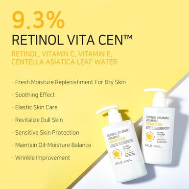APLB Retinol Vitamin C Vitamin E Body Lotion RETINOL VITA CEN 9.3% 10.14 FL.OZ/Korean Skincare Long lasting hydration Wrinkle Care Revitalize for gentle and improve skin texture