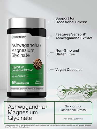 Horbaach Ashwagandha and Magnesium Glycinate 120 Vegan Capsules Support Supplement for Stress NonGMO Gluten Free