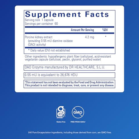 Pure Encapsulations Dao Enzyme - Histamine Breakdown Digestion Support Supplement - Ease Digestive Discomfort & Skin Sensitivity - Allergen-Free Health Supplement 60 Capsules