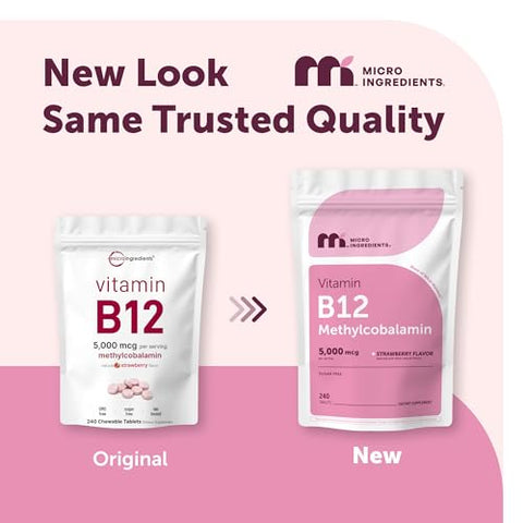 Micro Ingredients Vitamin B12 5000 Mcg Methylcobalamin 240 Chewable Tablets Fast Dissolve Natural Strawberry Flavor Vegan Non-Gmo Gluten Free