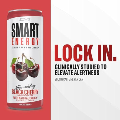 C4 Smart Energy Drink Ã¢â‚¬â€œ Boost Focus and Energy with Zero Sugar, Natural Energy, and Nootropics - 200mg Caffeine - Black Cherry (12oz Pack of 12)