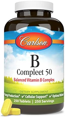 Carlson B Compleet 50 Balanced Vitamin B Complex Energy Production Cellular Support and Optimal Wellness 250 Tablets