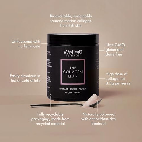 Welleco The Collagen Elixir Marine Collagen Peptides Powder With Hyaluronic Acid Vitamin C Digestive Enzymes & Silica For Skin Hair & Nails Unflavored 4.23 Oz