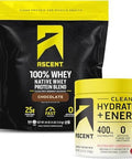 Ascent 100% Whey Protein Powder, Chocolate 4 Lb & Hydration + Energy Electrolytes, Raspberry Lemonade 40 Servings