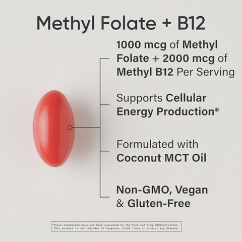 Sports Research Methyl Folate B12-1000 Mcg L-Methylfolate & 2000 Mcg Methylcobalamin For Cellular Energy Support - Vegan B12 W/Coconut Mct Oil - Non-Gmo Gluten Free 90 Veggie Softgels
