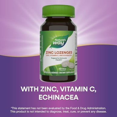 Nature'S Way Zinc Lozenges With Vitamin C & Echinacea, Immune Support, 23 Mg Of Zinc & 100 Mg Of Vitamin C Per Serving, Wild Berry Flavored, 60 Lozenges (Packaging May Vary)
