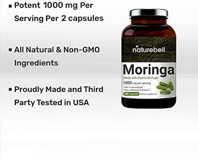 Moringa Capsules Made with Organic Moringa Powder 1000mg Per Serving 200 Counts Strong Antioxidant to Repair Protect Nurture Your Skin Cells and Support Immune System NonGMO