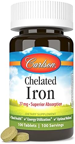 Carlson Chelated Iron 27 mg Superior Absorption Blood Health Energy Utilization and Optimal Wellness 100 Tablets