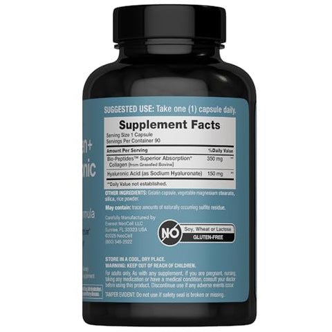 Neocell Collagen Peptides Capsules 90 Count Plus Hyaluronic Acid Skin Hydration Superior Absorption Advanced Grass Fed Formula Supplement For Women And Men