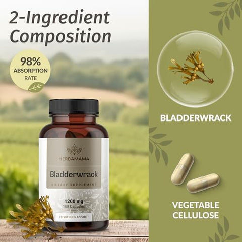 Herbamama Bladderwrack Capsules - 1200Mg Bladderwrack Herb Powder For Energy & Overall Support - Vegan Non-Gmo Sea Iodine Source Supplement 100 Caps