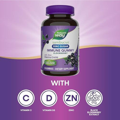 Nature'S Way Sambucus Zero Sugar Immune Gummies, Daily Immune Support, Black Elderberry Extract, Vitamin C, Vitamin D3, Zinc, Sugar Free, Sugar Alcohol Free, Plant-Based Sweeteners, 70 Gummies