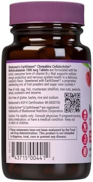 Bluebonnet Earthsweet Methylcobalamin 1000 Mcg Active Coenzyme Form Of Vitamin B12 Supports Energy Boost & Metabolism Vegan Gluten Raspberry Flavor 60 Chewable Tablets