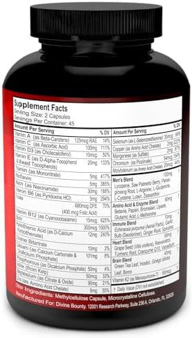 Divine Bounty Mens Multivitamin Ã¢â‚¬â€œ Daily Multivitamin For Men With Vitamin A C D E K B Complex, Calcium, Magnesium, Selenium, Zinc Plus Heart, Brain, Immune, And Men'S Multivitamins Ã¢â‚¬â€œ 90 Vegetarian Capsules