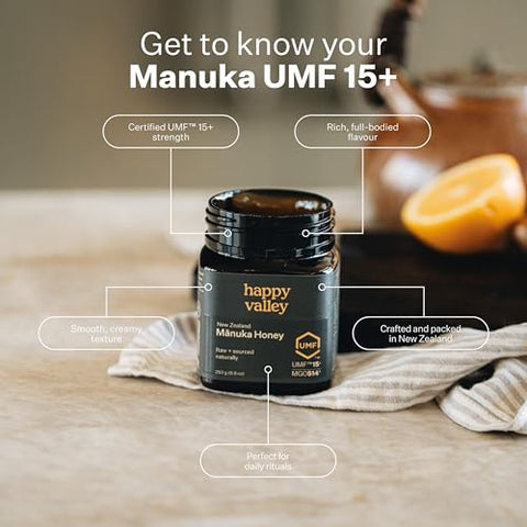 Happy Valley UMF 15+ | MGO 514+ Raw Manuka Honey Ã¢â‚¬â€œ Certified UMF, Unpasteurized, Monofloral, 500g / 17.6oz Jar | Traceable from Hive-to-Table, Immune Support, Skin & Daily Wellness Ã¢â‚¬â€œ Product of New Zealand