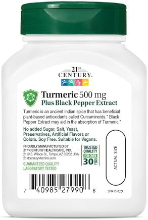 21St Century Turmeric 500 Mg Plus Black Pepper Extract Vegetarian Capsules 60 Count