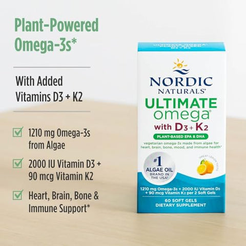 Nordic Naturals Ultimate Omega Plant Based Vitamin With Vitamin D3 K2-60 Vegetarian Soft Gels - 1210 Mg Omega-3S Plus 2000 Iu D3 And 90 Mcg K2 - Promotes Brain Health - Non Gmo 30 Servings