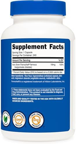 Nutricost Chelated Iron (From Ferrochel) 18Mg 240 Capsules Gluten Non Gmo Iron Chelate Supplement