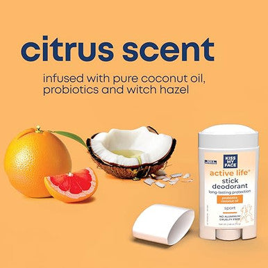 Kiss My Face Active Life Deodorant Contains Naturally Derived Ingredients 72 Hour Odor Control Deodorant For Women And Men Aluminum With Coconut Oil And Probiotics Citrus Scent