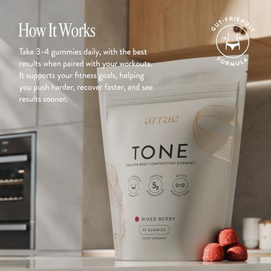 Arrae Tone Gummies Creatine Monohydrate 5g for Women Support Lean Muscle Strength and Recovery Hormone Friendly Muscle Toning Supplement Mixed Berry Flavor 90 Count