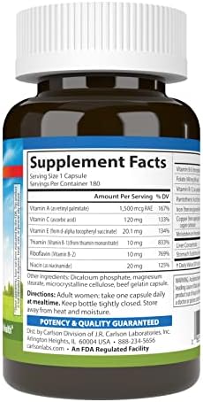 Carlson Women's Iron Restore 28 mg Iron + B Vitamins Menstrual Support Iron Absorption and Women's Health 180 Capsules