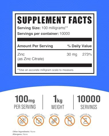 Bulksupplements.Com Zinc Citrate Powder - Zinc Supplements, Zinc 30Mg - Pure Zinc Citrate For Immune Support - Gluten Free, 100Mg Per Serving, 500G (1.1 Lbs) (Pack Of 1)