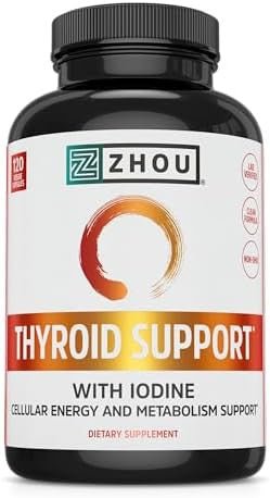 Zhou Thyroid Support Complex With Iodine Supplement, Increase Energy, Fight Brain Fog With Vitamin B12, Iodine, Magnesium, Zinc, Selenium, No Soy, Gluten-Free, 30 Servings, 60 Caps