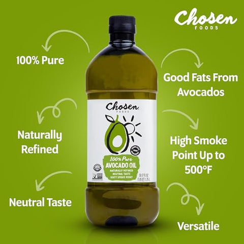 Chosen Foods 100% Pure Avocado Oil for Cooking - 1.75L - Made With Good Fats from Avocados, Naturally Refined, Never Adulterated, High Smoke Point, Non-GMO, Soy-Free, Canola Oil-Free, Gluten-Free, Keto