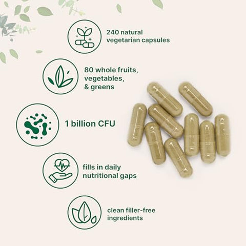 Micro Ingredients Fruit And Veggies Supplement With Probiotics 240 Vegetarian Capsules 80 Super Greens & Fruits Complex Immune Gut & Digestive Health Support