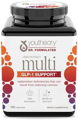 Youtheory High Potency Multi Glp-1 Support High Absorption Multivitamins For Immune Support and Bone Health Gentle On Stomach Vitamin D, C, Iron and More 150 Vegetarian Capsules