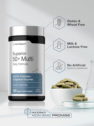 Horbaach Multivitamin for Men and Women Over 50 120 Caplets Daily Supplement for Adults with Coq10 Probiotics and Digestive Enzymes Vegan NonGMO Gluten Free Formula