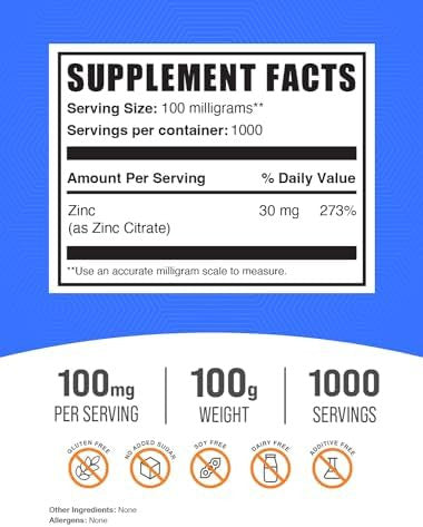 Bulksupplements.Com Zinc Citrate Powder - Zinc Supplements, Zinc 30Mg - Pure Zinc Citrate For Immune Support - Gluten Free, 100Mg Per Serving, 500G (1.1 Lbs) (Pack Of 1)