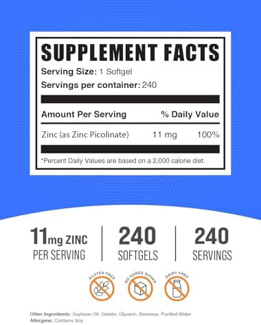 Bulksupplements.Com Zinc Picolinate Softgels - Zinc Supplements, Zinc 11Mg, Zinc Softgels - For Immune Support, Gluten - 1 Softgel Per Serving, 240 Count (Pack Of 1)
