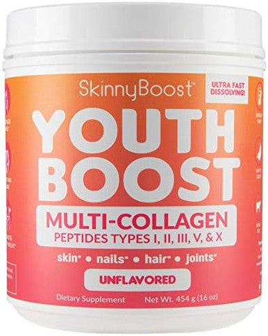 Skinny Boost - Youth Boost Advanced Multi-Collagen Powder - 5 Types of Hydrolyzed Collagen Peptides for Hair, Skin, Nails & Joints. Fast Dissolving, Grass Fed, Keto Friendly - Unflavored(58 Servings)