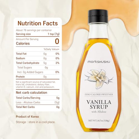 MONKSHUSHU Vanilla Allulose Syrup 18.7 Fl Oz for coffee, drinks - Keto Diet, Vegan friendly, Diabetes-Safe - Zero Calorie, Liquid type Sugar Substitute - Monk Fruit - Gluten Free, 0g Net Carbs, Non-GMO