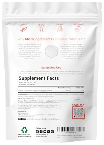 Micro Ingredients 1000Mg Vitamin C Powder For Daily Use Liposomal Fat-Soluble Form For Better Absorption Sugar-Free Lemonade Drink Mix 40 Travel Packets Fast-Dissolving