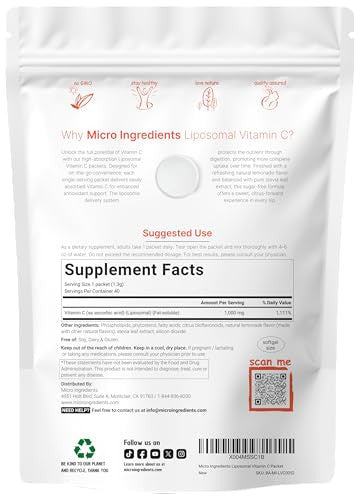 Micro Ingredients 1000Mg Vitamin C Powder For Daily Use Liposomal Fat-Soluble Form For Better Absorption Sugar-Free Lemonade Drink Mix 40 Travel Packets Fast-Dissolving