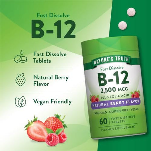Nature's Truth B12 Vitamin 60 Fast Dissolve Tablets 2500 mcg with Folic Acid Vegan NonGMO and Gluten Free with Folic Acid Vegan NonGMO and Gluten Free