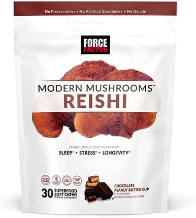 Force Factor Modern Mushrooms Soft Chews Reishi Mushroom Supplement To Support Sleep Stress Relief & Longevity Antioxidants Supplement Delicious Chocolate Peanut Butter Cup Flavor 30 Soft Chews