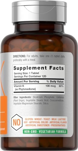 Horbaach Vitamin K Supplement 100mcg 120 Tablets Vegetarian NonGMO and Gluten Free Supplement