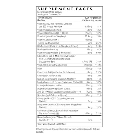 Thorne - Basic Prenatal - Well-Researched Folate Multi For Pregnant & Nursing Women - Includes 18 Vitamins & Minerals Plus Choline - Third-Party Certified - Gluten Dairy & Soy-Free 30 Servings