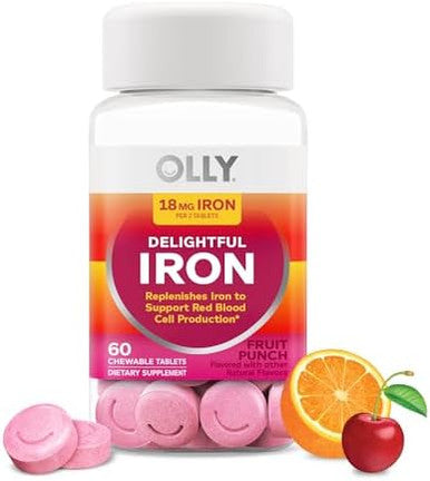 Olly Delightful Iron Chewable Tablet Iron Supplement From Ab Fortis Fruit Punch Flavor 30 Or 20 Day Supply 60 Count