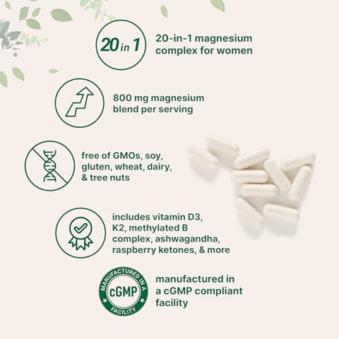 Micro Ingredients Magnesium Complex For Women 240 Vegetarian Capsules 20-In-1 Formula - Magnesium Blend With Vitamin D3 K2 Ashwagandha & More Filler Free Non-Gmo